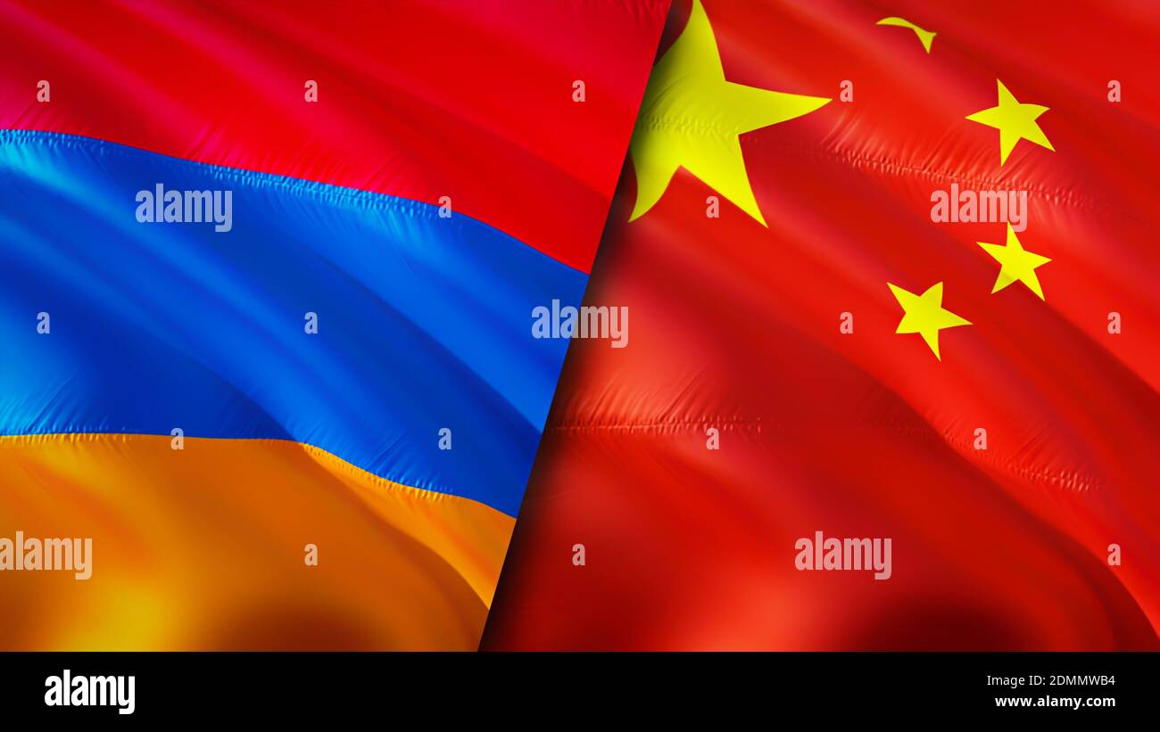 Bandiera Armenia e Cina. Progettazione di bandiere ondulate 3D. Armenia Cina bandiera, foto, sfondo. Immagine Armenia vs Cina,rendering 3D. Armenia relazioni con la Cina a Foto Stock