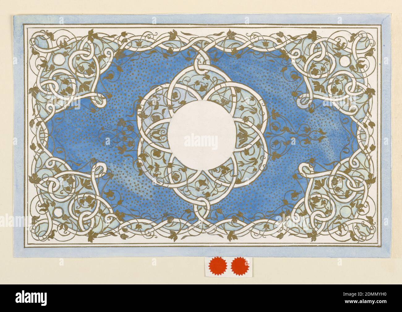 Design per copertina Box, Anna M. de Pool, Oro, colore acqua, su carta. Guarnizioni rosse, rettangolo orizzontale. Un bordo e motivo centrale di rotoli intrecciati e foglie d'oro. Nome del designer in matita, sul retro, USA, circa 1894, ornamento, disegno Foto Stock Design per copertina Box, Anna M. de Pool, Oro, colore acqua, su carta. Guarnizioni rosse, rettangolo orizzontale. Un bordo e motivo centrale di rotoli intrecciati e foglie d'oro. Nome del designer in matita, sul retro, USA, circa 1894, ornamento, disegno Foto Stock