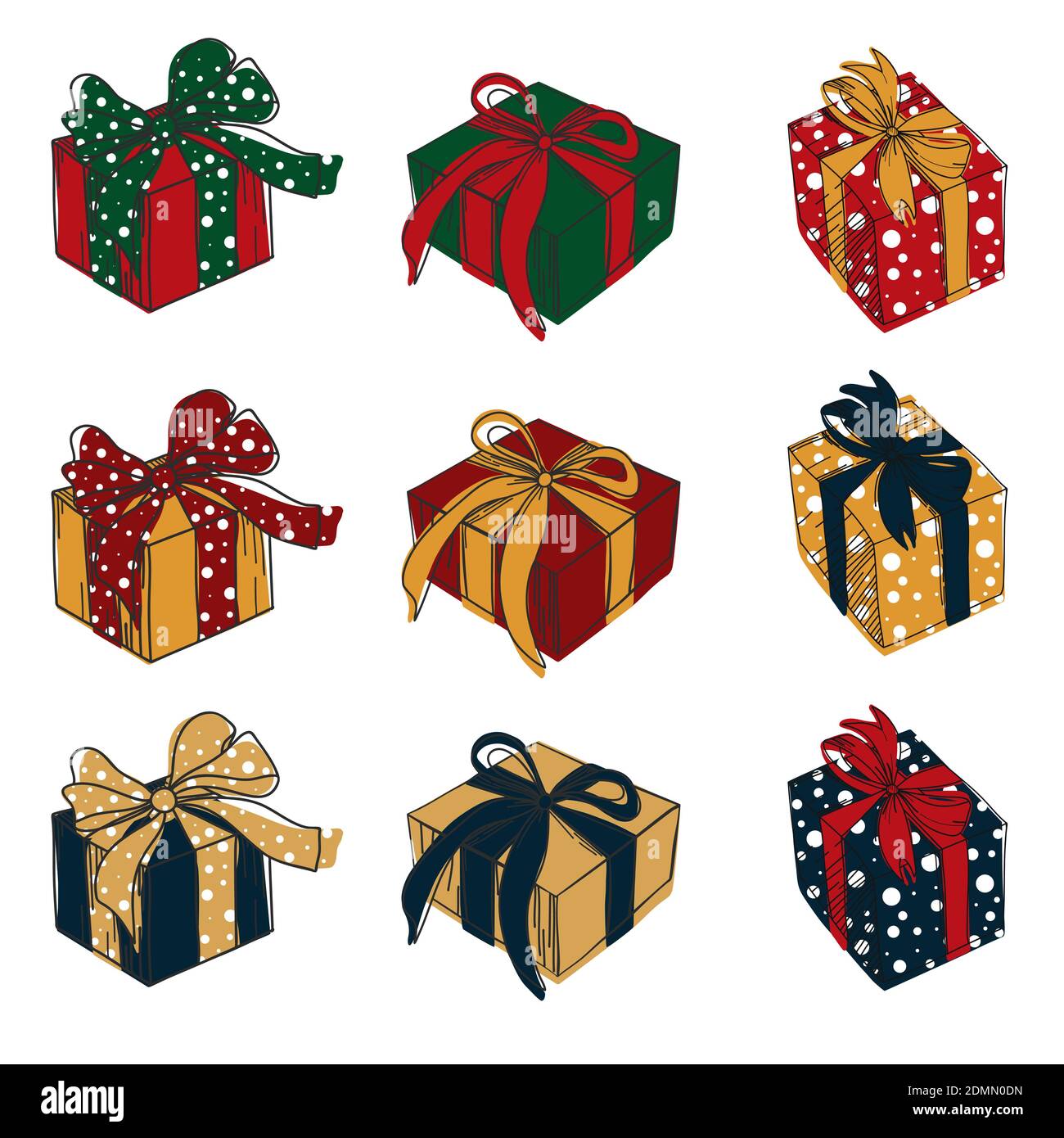 Scatole regalo colorate disegnate a mano con collezione di nastri. Illustrazione vettoriale. Set di diverse caselle presenti. Natale e Capodanno Illustrazione Vettoriale