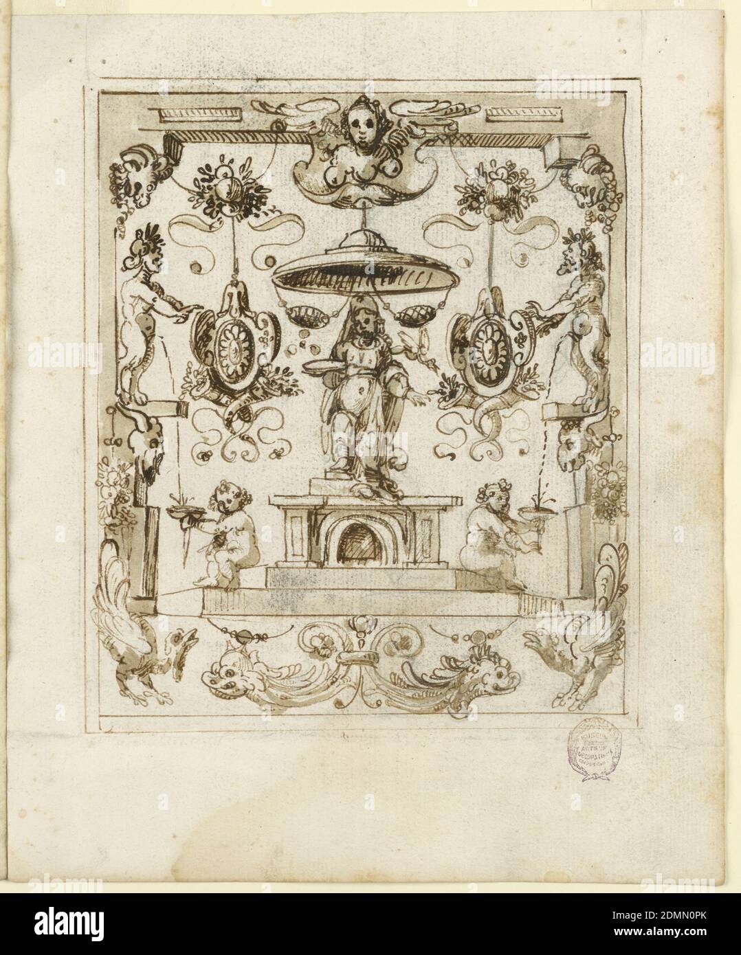 Progetto per la decorazione di un pannello, penna e inchiostro, pennello e acquerello marrone, carbone, su carta, al centro è un alto piedistallo con la figura di una donna in piedi, con un baldacchino sopra di lei. Sui gradini del piedistallo siedono due bambini che reggono le ciotole, in cui satiri, in piedi su mensole dell'urinato di legno incorniciato. La lavorazione del legno è supportata da un motivo centrale con due semifinette di delfini e due tacchini all'angolo., Italia, 1600–1625, architettura, disegno Foto Stock