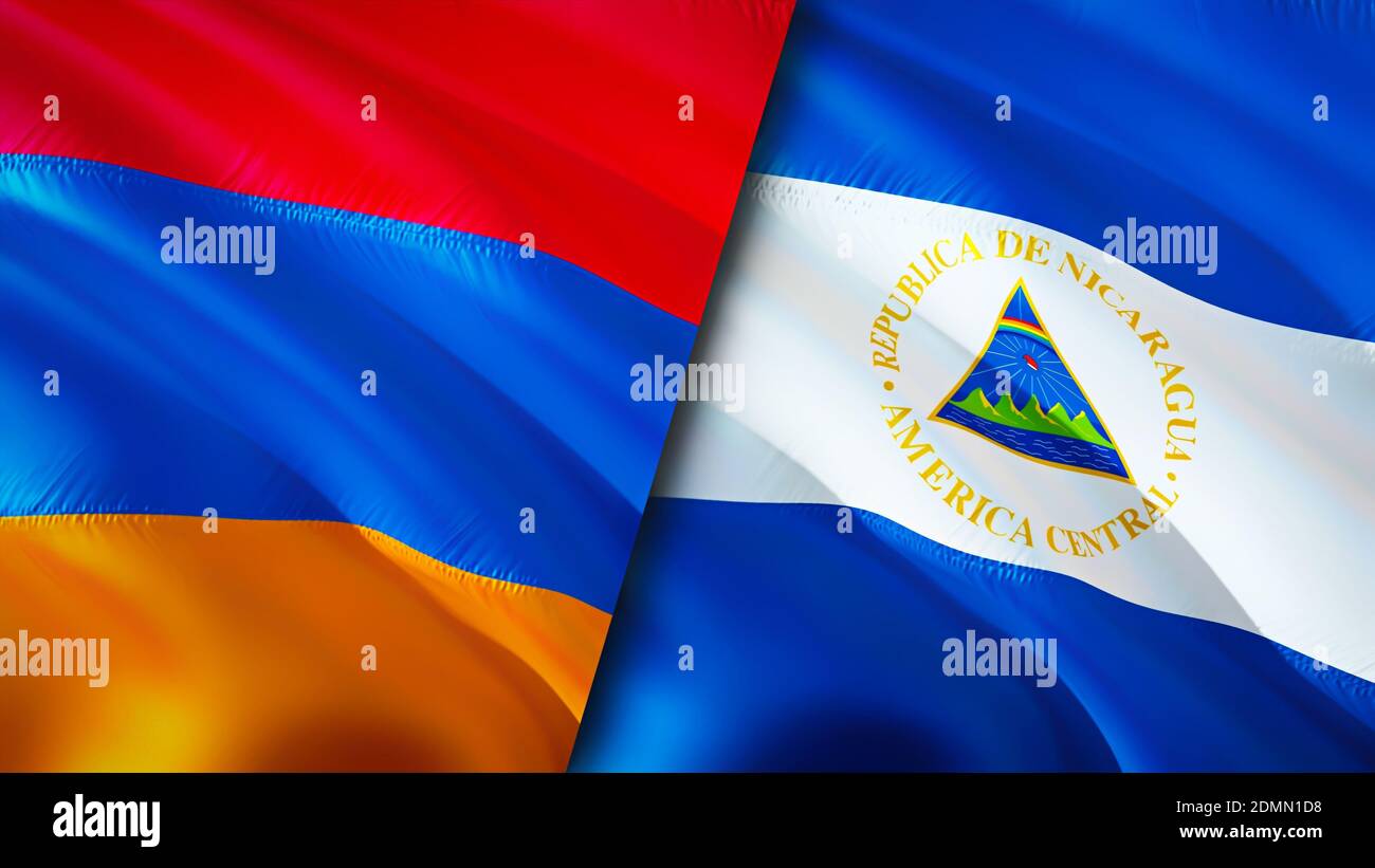 Bandiere Armenia e Nicaragua. Progettazione di bandiere ondulate 3D. Armenia Nicaragua bandiera, foto, sfondo. Immagine Armenia vs Nicaragua,rendering 3D. Armenia Nicar Foto Stock