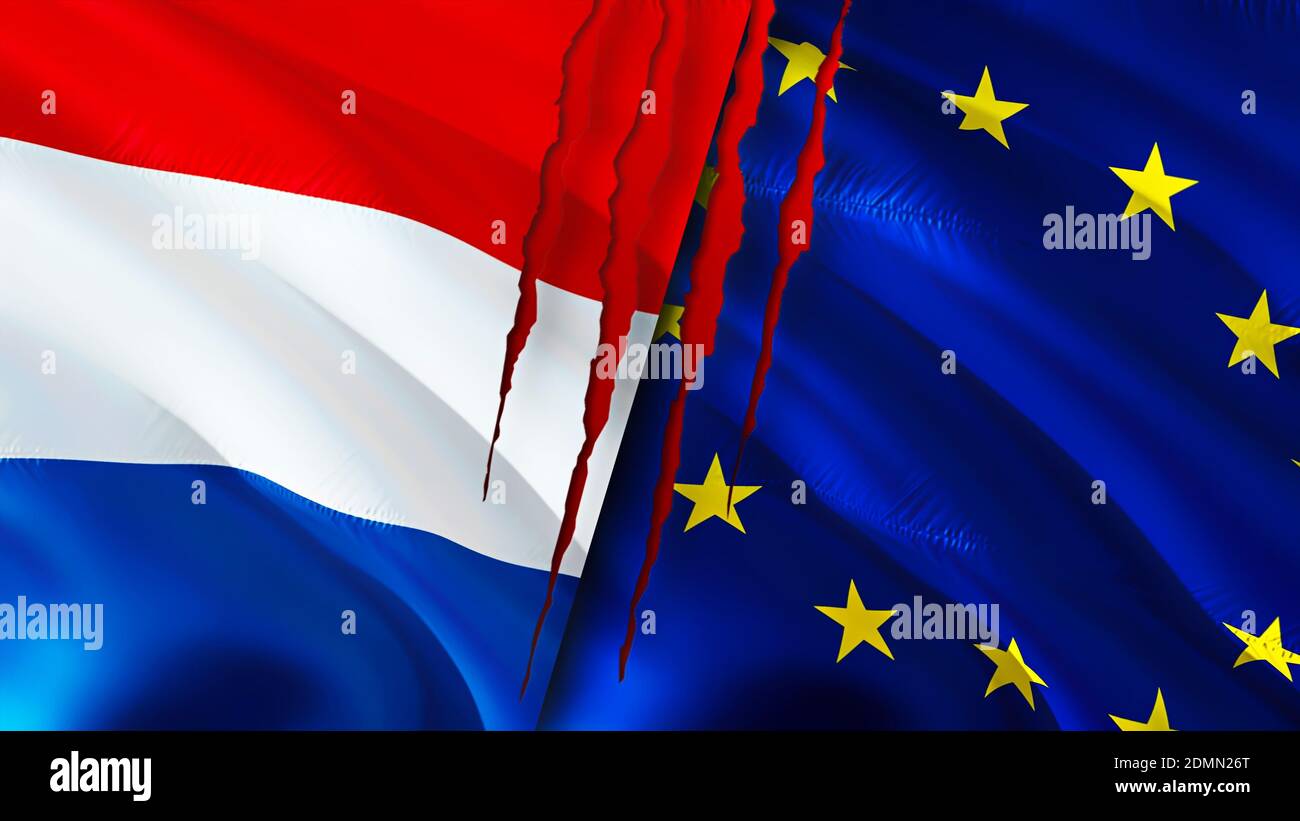 Bandiere dei Paesi Bassi e dell'Unione europea con concetto di cicatrice. Flag di ondulazione, rendering 3D. Concetto di conflitto nei Paesi Bassi e nell'Unione europea. Paesi Bassi Europa Foto Stock