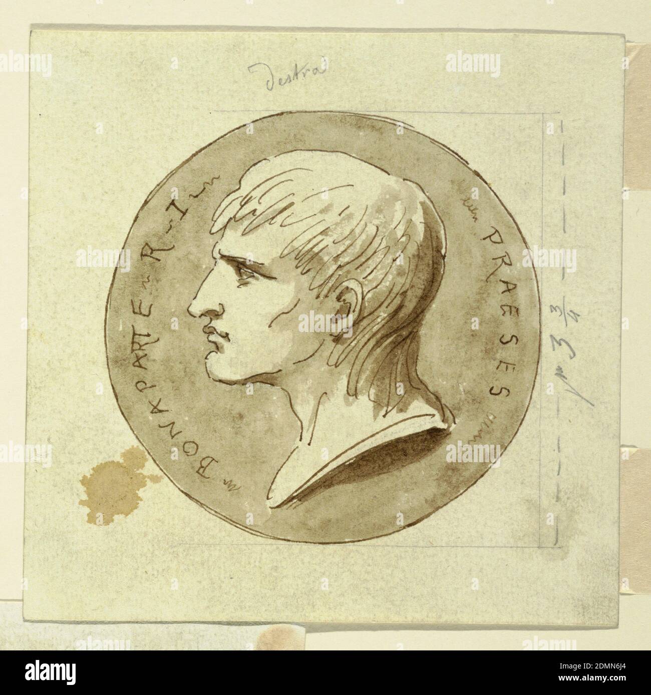 Medaglia di Napoleone Bonaparte alla presidenza della Repubblica italiana, verso; Hebe dà immortalità al cariotiere di Ercole, Felice Giani, italiano, 1758–1823, matita. Penna. Spazzola. Marrone scuro, rettangolo orizzontale. Obverse: La testa è rivolta verso sinistra. Iscrizione: 'BONAPARTE R[epublicae] i[talianae] PRAESES.'* con matita la lunghezza del quadrato con lati tangenti alla medaglia è indicata a destra come pa ('A' superscritto) 3 3 3/4. Sopra al centro la didascalia: "Destra". Dall'altro lato è il contrario, didascalia scritta da Giani con matita - come l'altro - 'Ebe da l'imortalità' Foto Stock