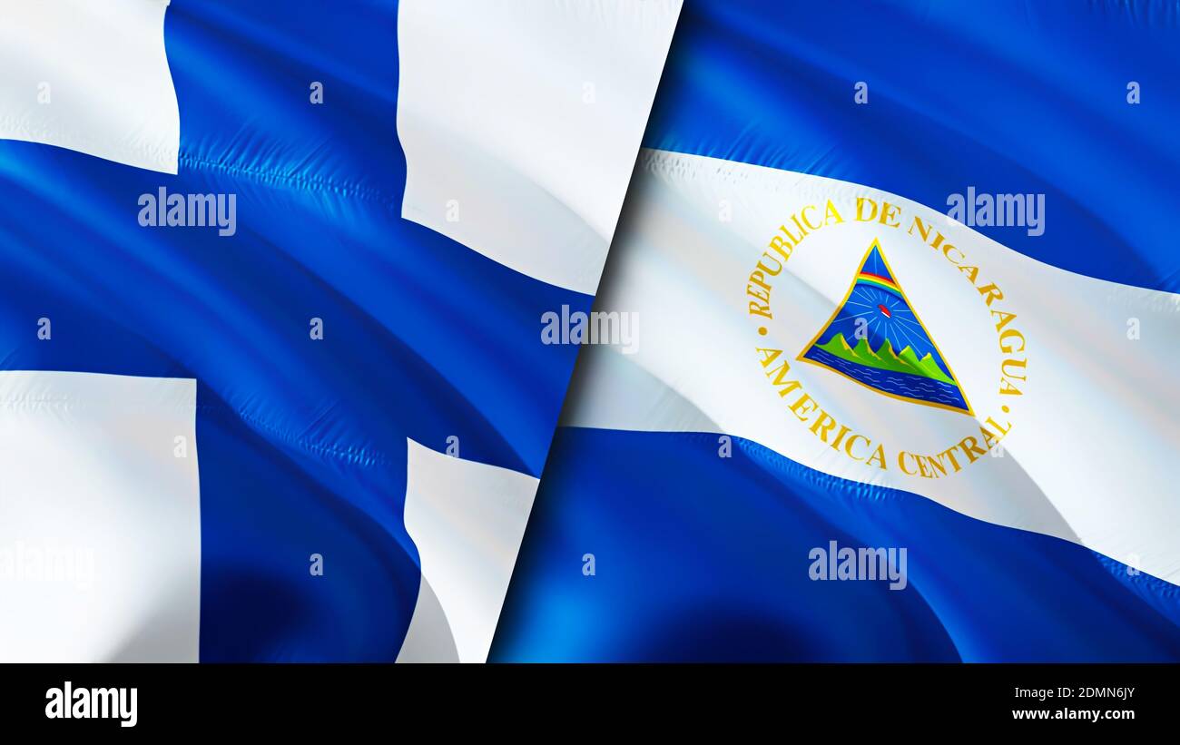 Bandiere della Finlandia e del Nicaragua. Progettazione di bandiere ondulate 3D. Finlandia Nicaragua bandiera, foto, sfondo. Immagine Finlandia vs Nicaragua,rendering 3D. Finlandia Nicar Foto Stock