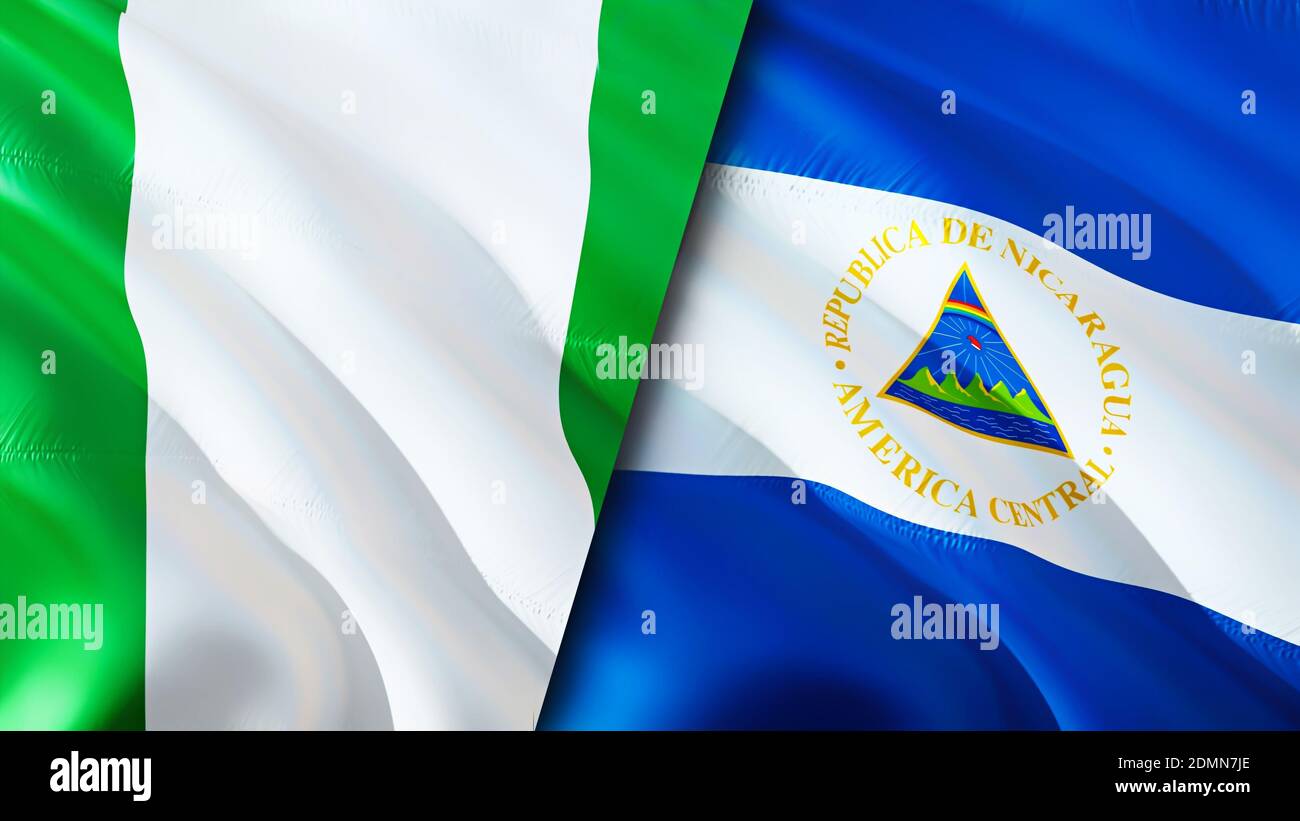 Bandiere della Nigeria e del Nicaragua. Progettazione di bandiere ondulate 3D. Nigeria Nicaragua bandiera, foto, sfondo. Immagine Nigeria vs Nicaragua,rendering 3D. Nigeria Nicar Foto Stock