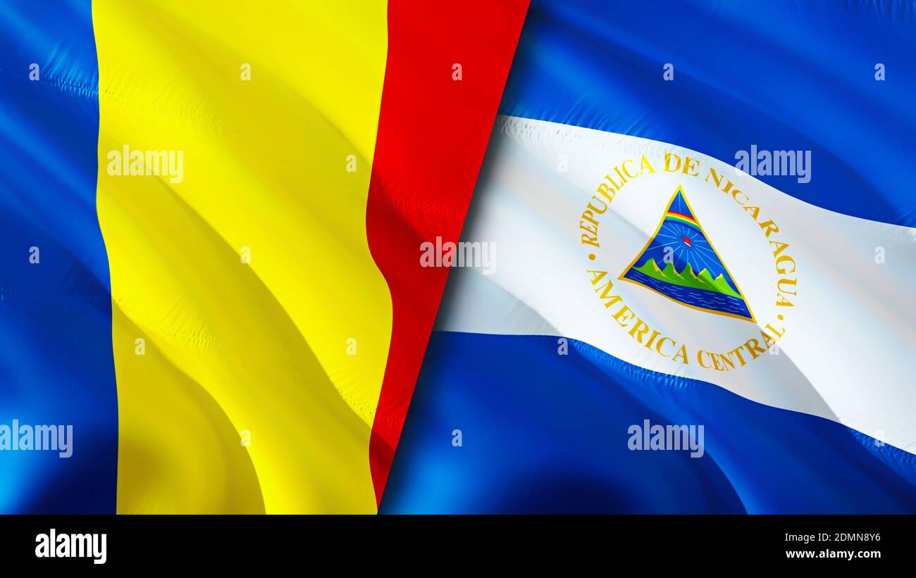 Bandiere della Romania e del Nicaragua. Progettazione di bandiere ondulate 3D. Romania Nicaragua bandiera, foto, sfondo. Immagine Romania vs Nicaragua,rendering 3D. Romania Nicar Foto Stock