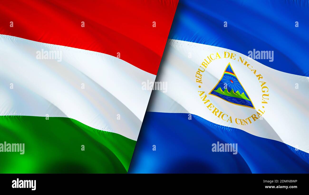 Bandiere dell'Ungheria e del Nicaragua. Progettazione di bandiere ondulate 3D. Ungheria Nicaragua bandiera, foto, sfondo. Immagine Ungheria vs Nicaragua,rendering 3D. Ungheria Nicar Foto Stock