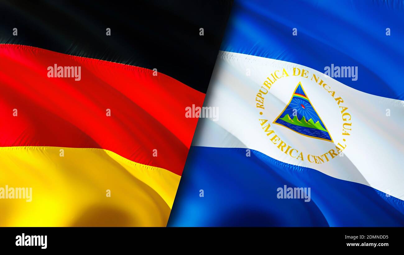 Bandiere della Germania e del Nicaragua. Progettazione di bandiere ondulate 3D. Germania Nicaragua bandiera, foto, sfondo. Immagine Germania vs Nicaragua,rendering 3D. Germania Nicar Foto Stock