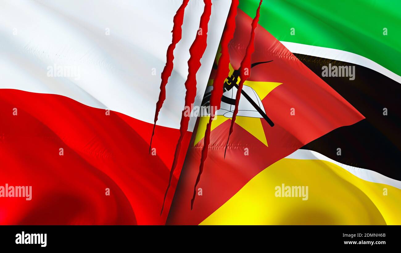 Bandiere di Polonia e Mozambico con concetto di cicatrice. Flag di ondulazione, rendering 3D. Concetto di conflitto tra Polonia e Mozambico. Polonia Mozambico concetto di relazioni. Foto Stock