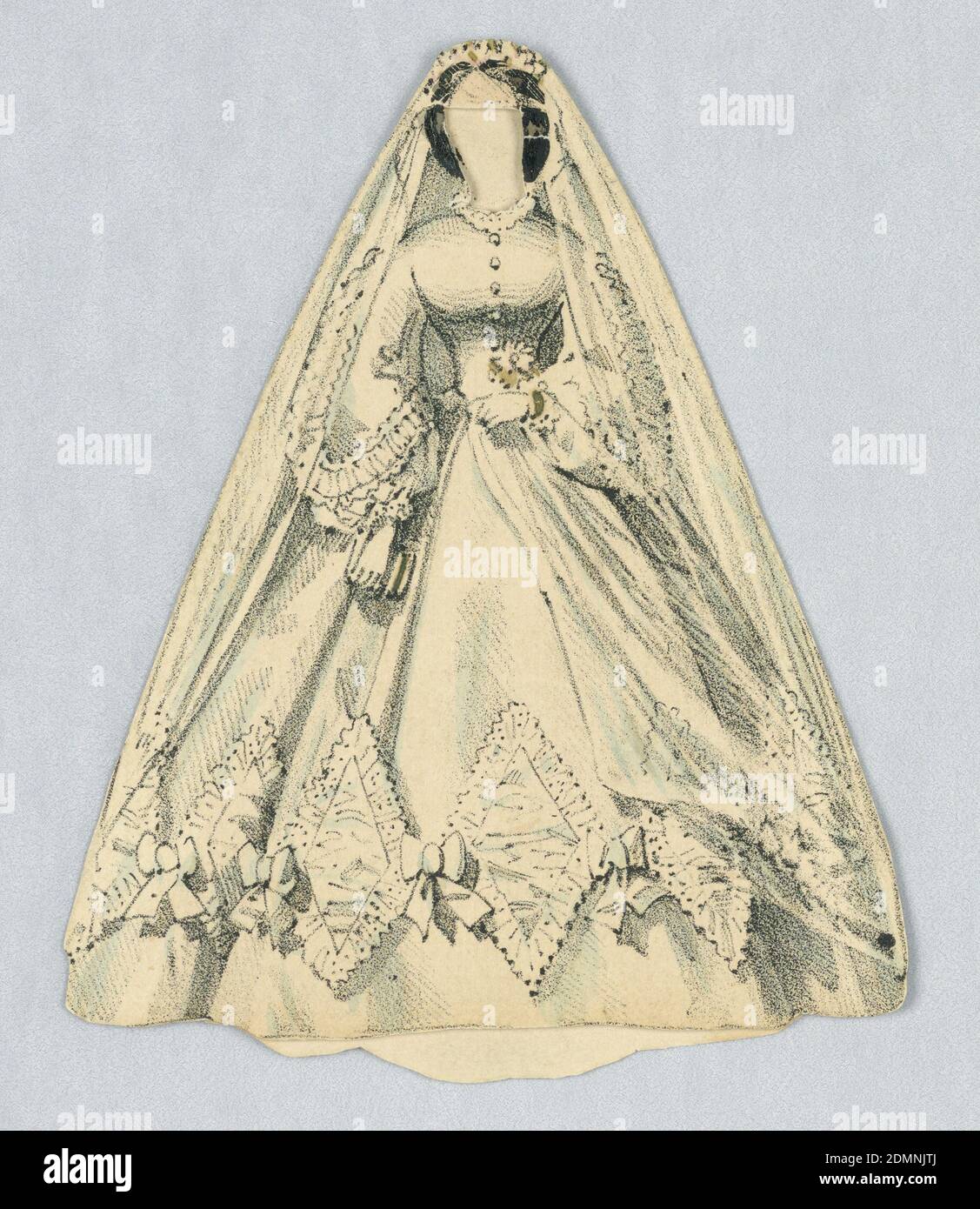 Costume da bambola di carta, vestito bianco velato, litografia, pennello e acquerello su carta d'wove pesante crema, abito bianco velato con gonne complete e cintura con cini. Archi e ornamenti triangolari in pizzo si alternano attraverso il fondo della gonna. Il velo si estende fino al pavimento. Entrambi i lati anteriore e posteriore di questo abito sono raffigurati., USA, 1876–80, giocattoli e giochi, Stampa Foto Stock