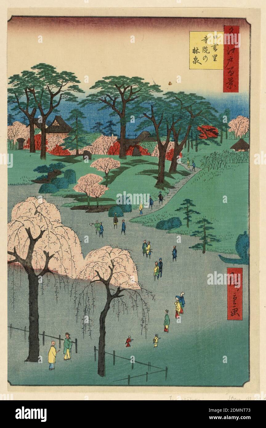 Nippori, Temple Gardens (Nippori, jiin no rinsen) dalla serie cento viste famose di Edo, Ando Hiroshige, giapponese, 1797–1858, stampa a blocchi di legno in inchiostro colorato su carta, questa scena è un esempio di come Hiroshige usò la libertà artistica. Lungo il lussureggiante paesaggio e i visitatori che osservano il paesaggio sono ciliegi in fiore e azalea alberi che non fioriscono intorno allo stesso tempo. Insieme alla topografia artificiale, Hiroshige ha aggiunto un albero a forma di barca a vela. Anche con questi particolari peculiari e tronchi d'albero allungati in primo piano Foto Stock