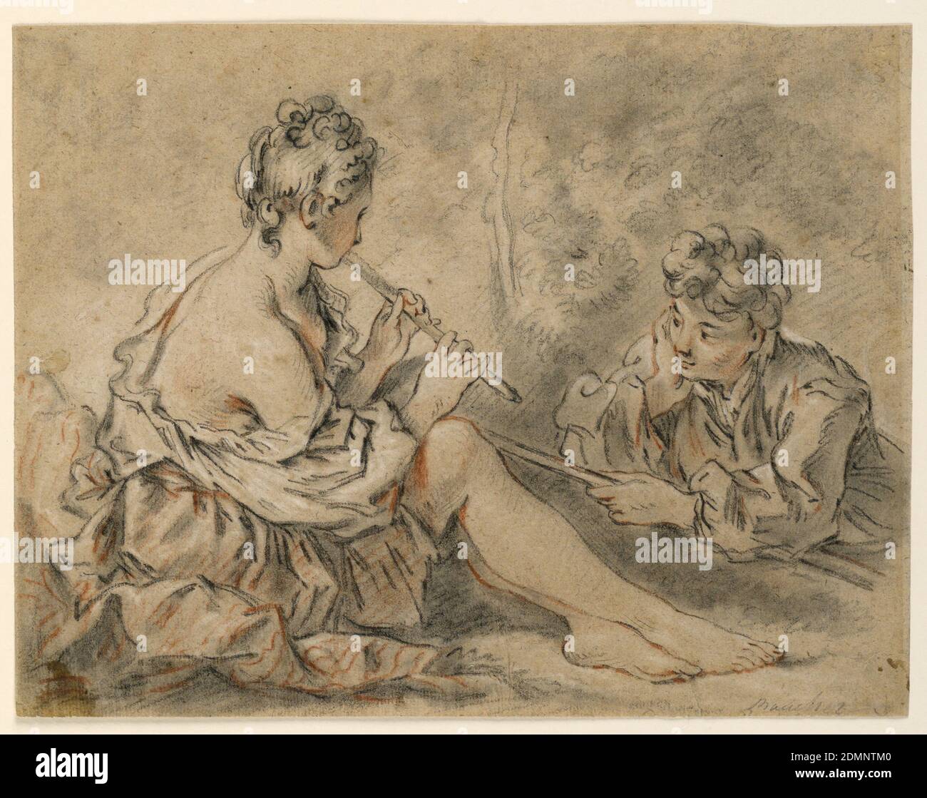 La pastorella Piping to a Shepherd, François Boucher, francese, 1703 – 1770, calchi rossi e neri su carta bruno, marchiati in acqua con una bestia leone alato., UNA pastorella seduta, vista dalla parte posteriore destra, gioca su un tubo ad un giovane pastore, visto frontalmente, giacendo a terra sullo stomaco, uncino nella sua mano destra. Inscritto, in basso a destra: 'Boucher.', sul retro è un adesivo inscritto 'Estate di Robert W. Weir, No.1920.', France, ca. 1760, figure, disegno Foto Stock