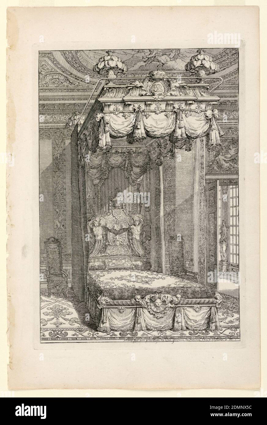 Design for state Bedchamber, in Second Livre d'Appartement (secondo libro sugli interni), Daniel Marot, francese, attivo nei Paesi Bassi e in Inghilterra, 1661–1752, incisione e incisione su carta bianca, Design per una camera da letto con tema conchiglia e rinceaux., Paesi Bassi, ca. 1700, architettura, Stampa Foto Stock