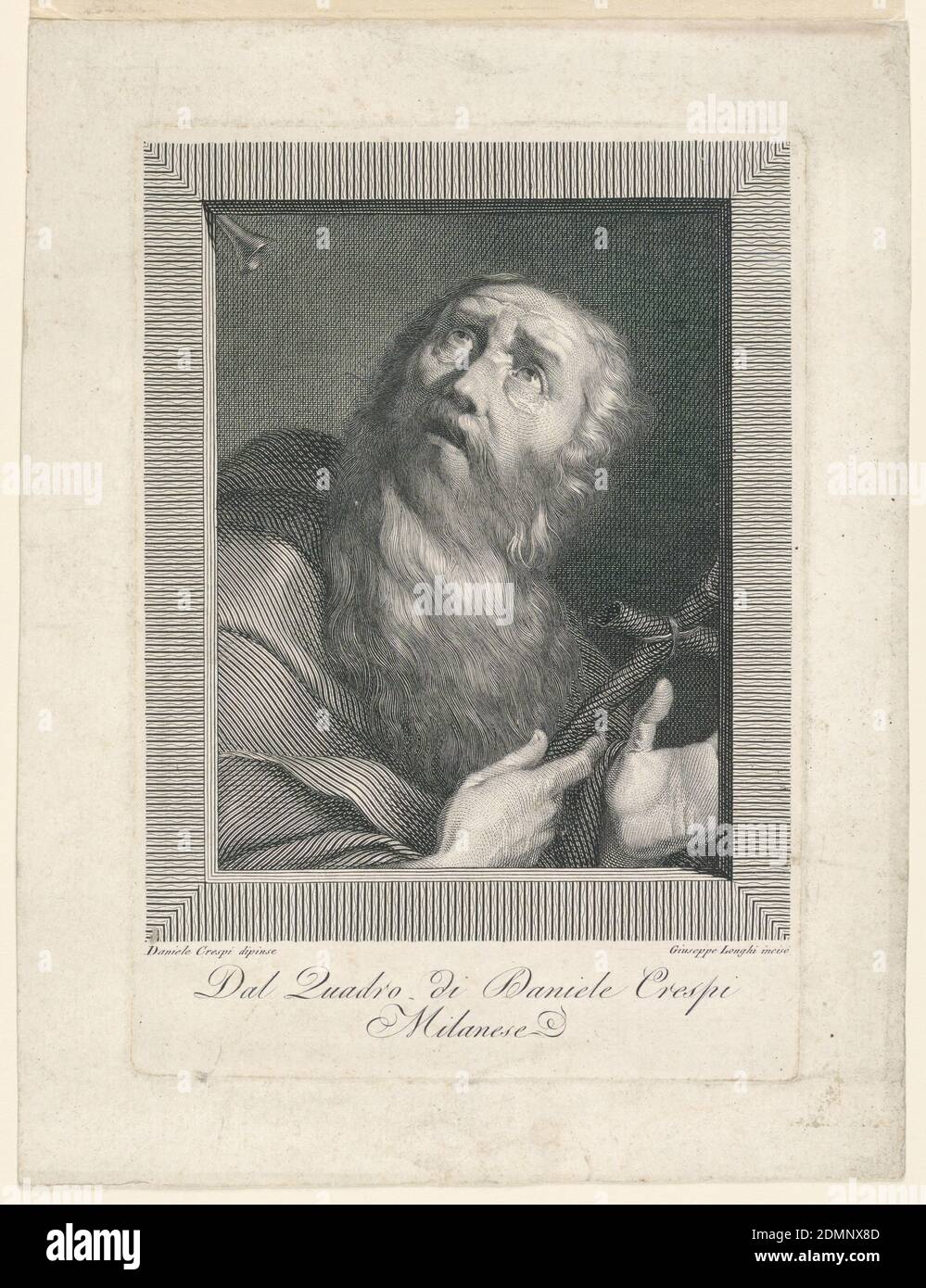 San Girolamo, Giuseppe Longhi, italiano, 1766–1831, Daniele Crespi, italiano, ca. 1597 - 1630, incisione su carta, figura di mezza lunghezza vista guardando in alto, a sinistra, tenendo una croce nella sua mano destra. Una tromba, in alto a sinistra, significa la voce di Dio., Milano, Italia, ca. 1800, Stampa Foto Stock