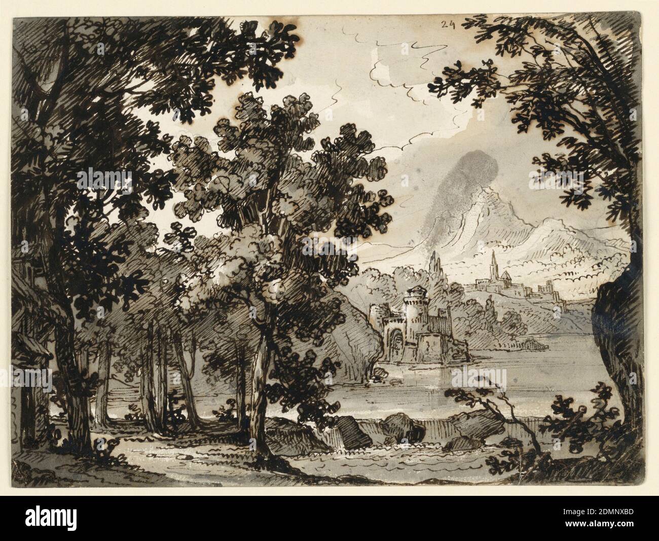 Scenografia: Paesaggio con capanna, per l'Opera la Straniera, Romolo Achille Liverani, italiano, 1809 - 1872, grafite, penna e inchiostro nero, pennello e acquerello su carta, a sinistra, nel foregorund è una capanna. A metà della distanza si trova un lago e sulle montagne di fondo., Italia, ca. 1840, paesaggi, disegno Foto Stock