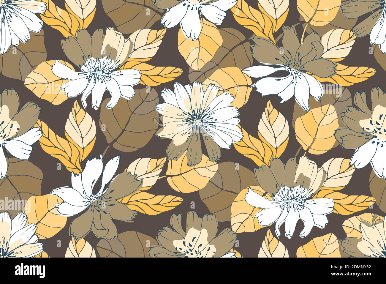 Motivo floreale vettoriale senza cuciture. Fiori gialli, bianchi, marroni Illustrazione Vettoriale