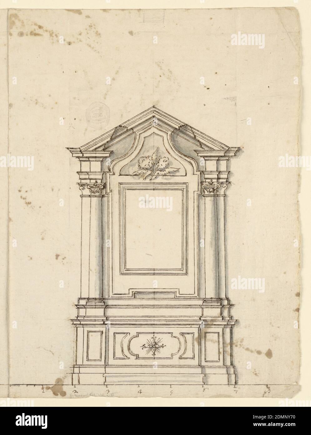 L'elevazione di un altare, gesso nero, penna, inchiostro, pennello e colori d'acqua grigio su carta, Italia, 1730–1760, architettura, disegno Foto Stock