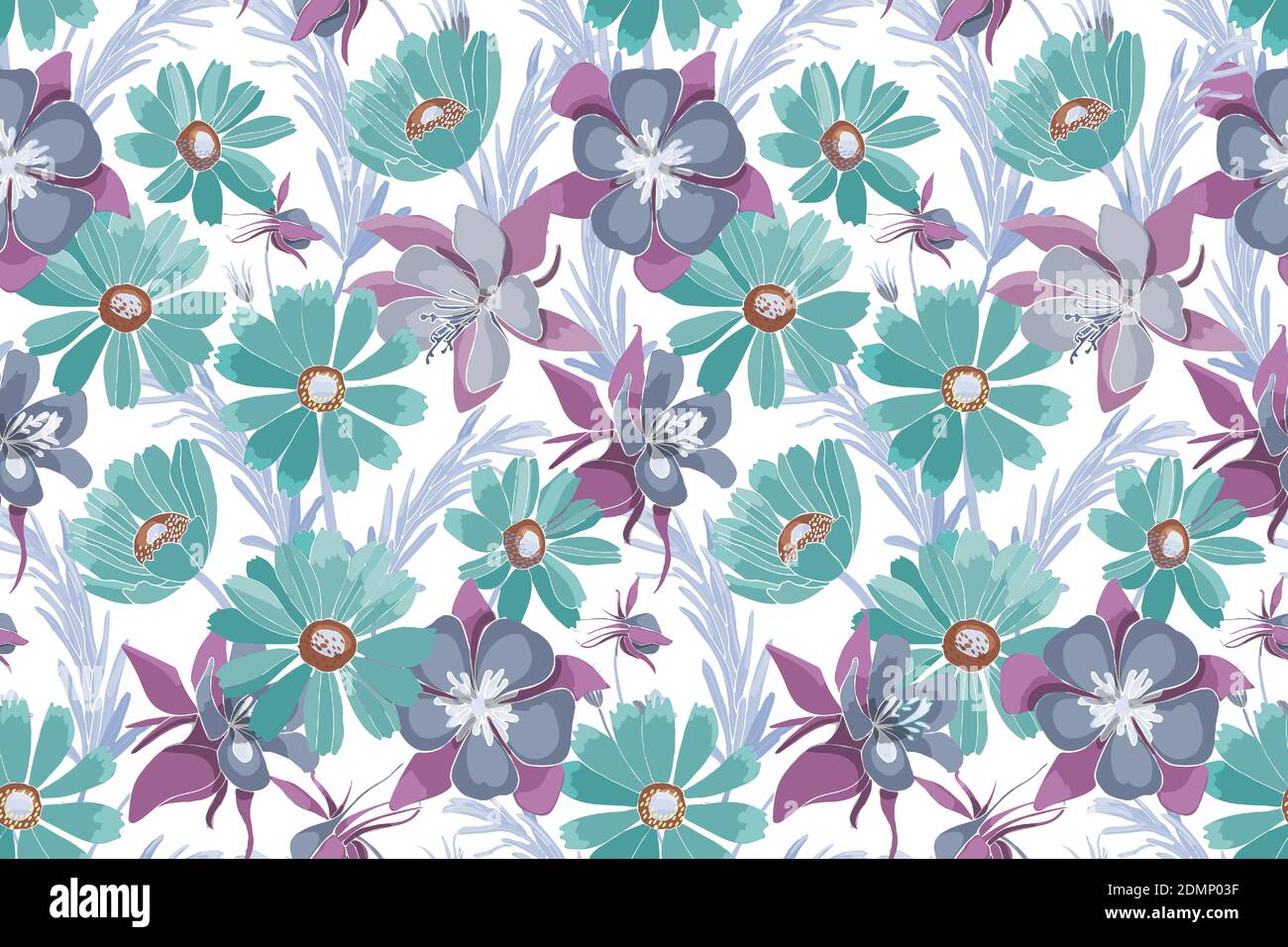 Motivo floreale vettoriale senza cuciture. Fiori turchesi e viola. Illustrazione Vettoriale