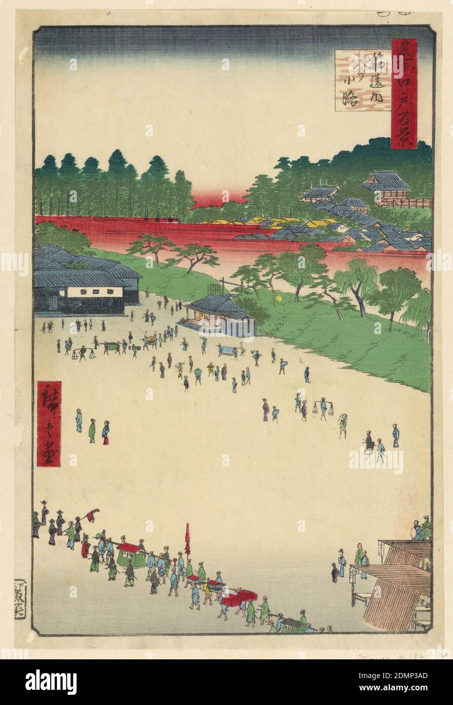 Yatsukoji Junction a Suji-chigai (Suji-chigai-uchi, Yatsukoji) dalla Serie cento viste famose di Edo, Ando Hiroshige, giapponese, 1797–1858, stampa di blocchi di legno in inchiostro colorato su carta, Yatsukoji è dove tutte le strade convergono. Da Uchikanda a Sotokanda e Sudacho a Shitaya, tutte le porte sono state aperte. Ecco una processione per il Kanda Festival. La sfilata passa attraverso la porta di Takebashi-mon, la porta di Tokiwabshi-mon e la porta di Sujichgai-mon, per ritornare al Santuario di Kanda Myojin. Molte altre persone sono viste intorno al santuario per pagare i loro rispetti., Giappone, 1857, paesaggi, Stampa Foto Stock