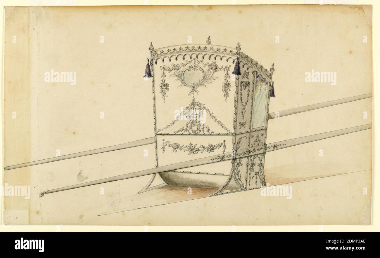 Design per una sedia berlina, penna e inchiostro nero, acquerello, e tracce di charchoal su carta, mostrato dall'angolo posteriore destro con due barre. Il pannello superiore del dorso ha una piccola finestra in un'apertura appesa ad un chiodo, che supporta anche i festoni. Sotto si trova una fontana a rocaille con uno scaglione in cima, da cui si estendono ghirlande agli angoli inferiori. Nell'escurcheon ci sono due stemmi, palazzi congiunti. Destra araldica: Un sinistro di curva tra tre fiori, 1, 2, a sinistra: Un pasticcio tra tre, [icona di spade], 2, 1. Nel pannello inferiore è presente un festone. Foto Stock