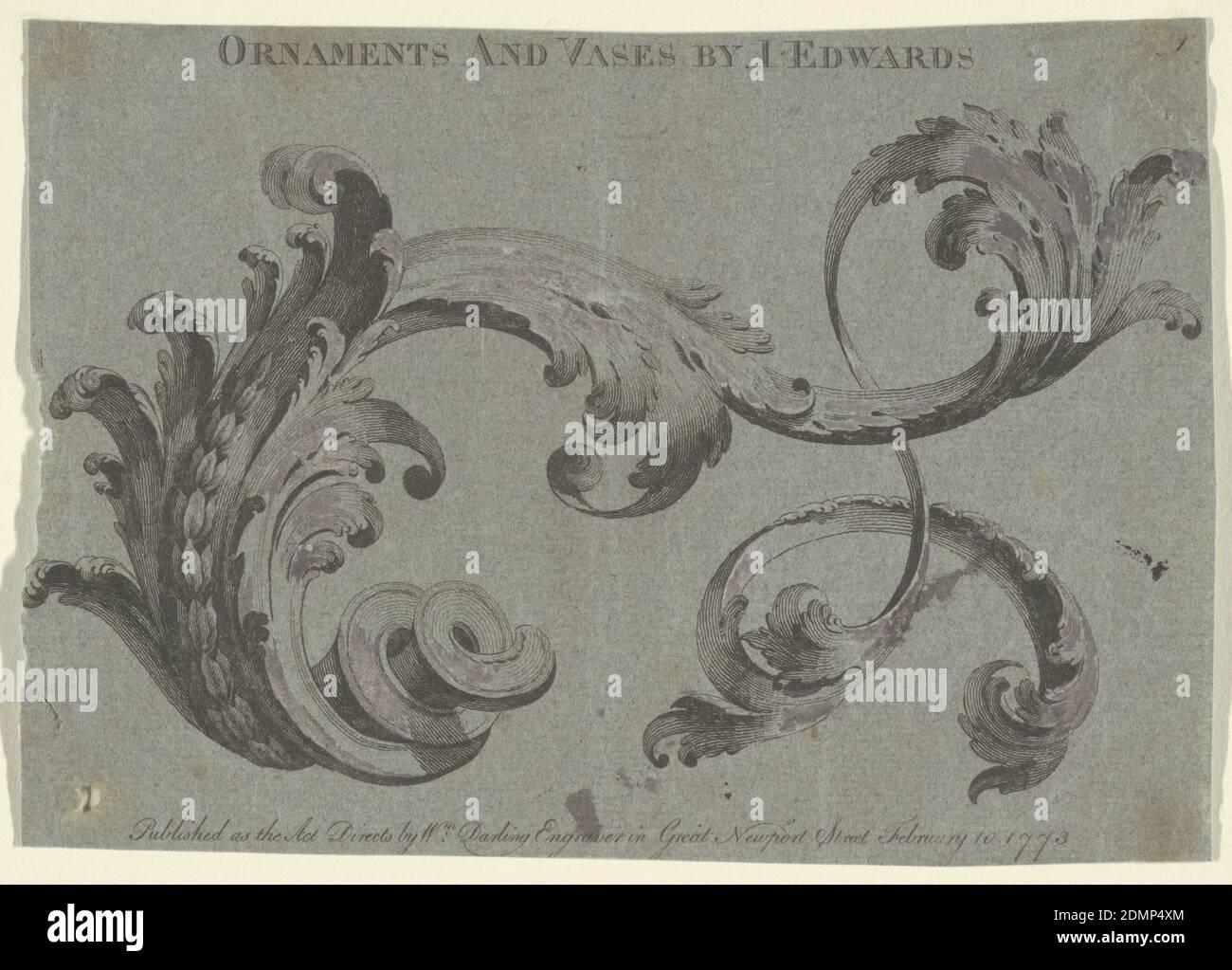 Ornamento e vasi, pl. 1, William Darling, carta blu stampata in nero, bianco ossisodizzato, (Berlino 271) rotolo di Acanthus. Top: ORNAMENTI E VASO DI I. EDWARDS i; Bottom: Pubblicato come The Art directs da Wm. Darling incisore in Great Newport Street 10 febbraio 1773, Inghilterra, 1773, ornamento, Stampa Foto Stock