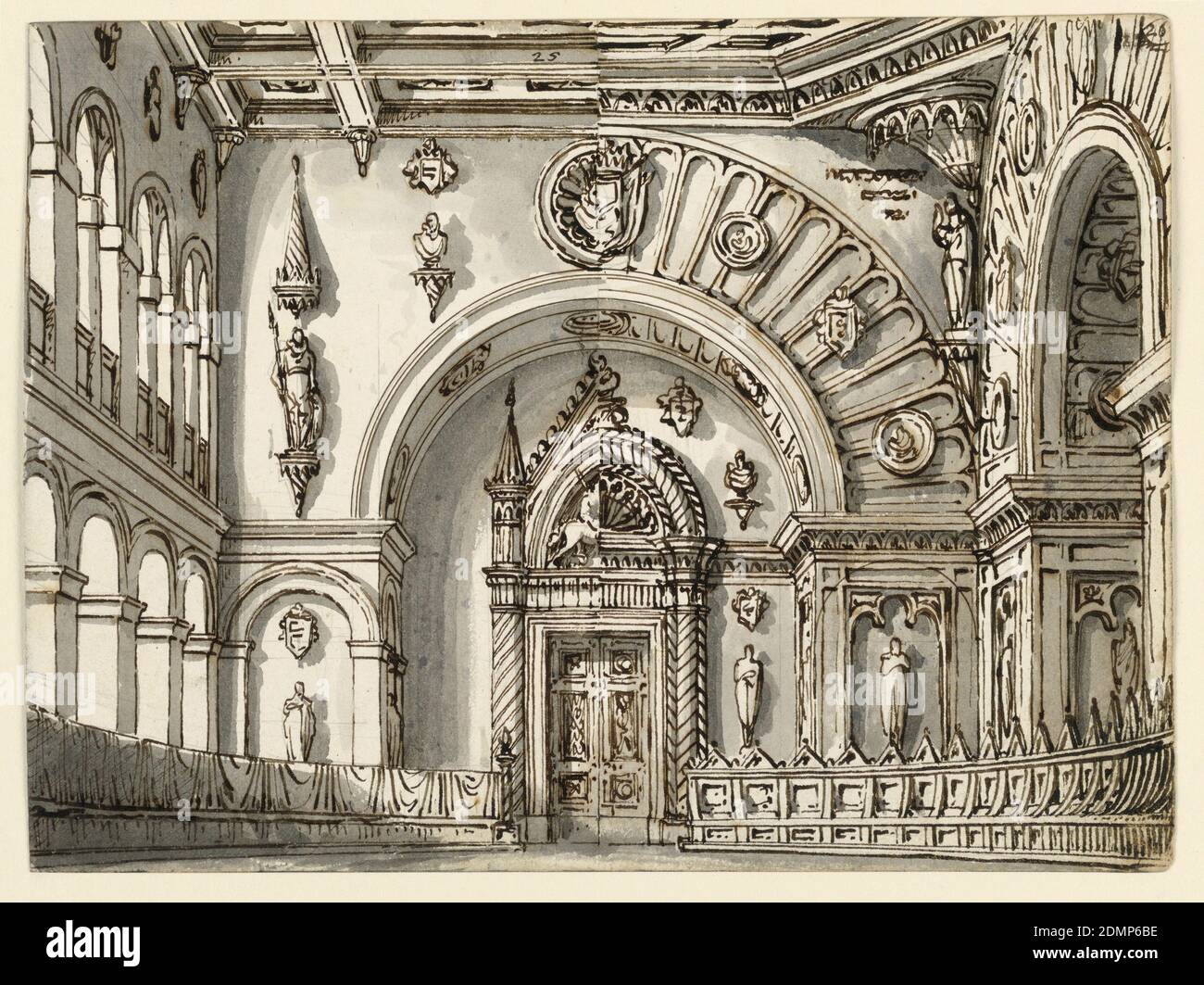 Scenografia, Sala del Consiglio in due stili gotici, Romolo Achille Liverani, Italiano, 1809 - 1872, Alessandro Sanquirico, Italiano, 1777 - 1849, penna e inchiostro marrone, pennello e lavaggio grigio, grafite su carta wove, rettangolo orizzontale. Interno della sala del consiglio Gotico in due versioni con file di posti a sedere su entrambi i lati., Italia, primi del 19 ° secolo, teatro, disegno Foto Stock