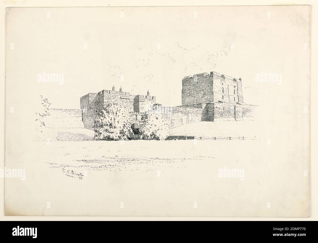 Il Castello di Carlisle, Ernest Clifford Peixotto, americano, 1869–1940, i figli di Charles Scribner, New York, New York, USA, penna e inchiostro sulla tavola illustrativa, vista a distanza di un castello fortificato, con alte mura, e torri quadrate merlate., USA, 1899, architettura, disegno Foto Stock