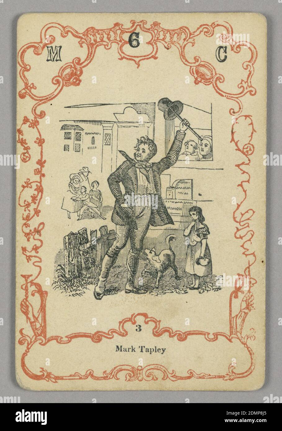 Carta da gioco, inchiostro rosso e nero, carta, in alto: M 6 C; sotto immagine centrale: 3, Europa, ca. 1855, carta da gioco Foto Stock