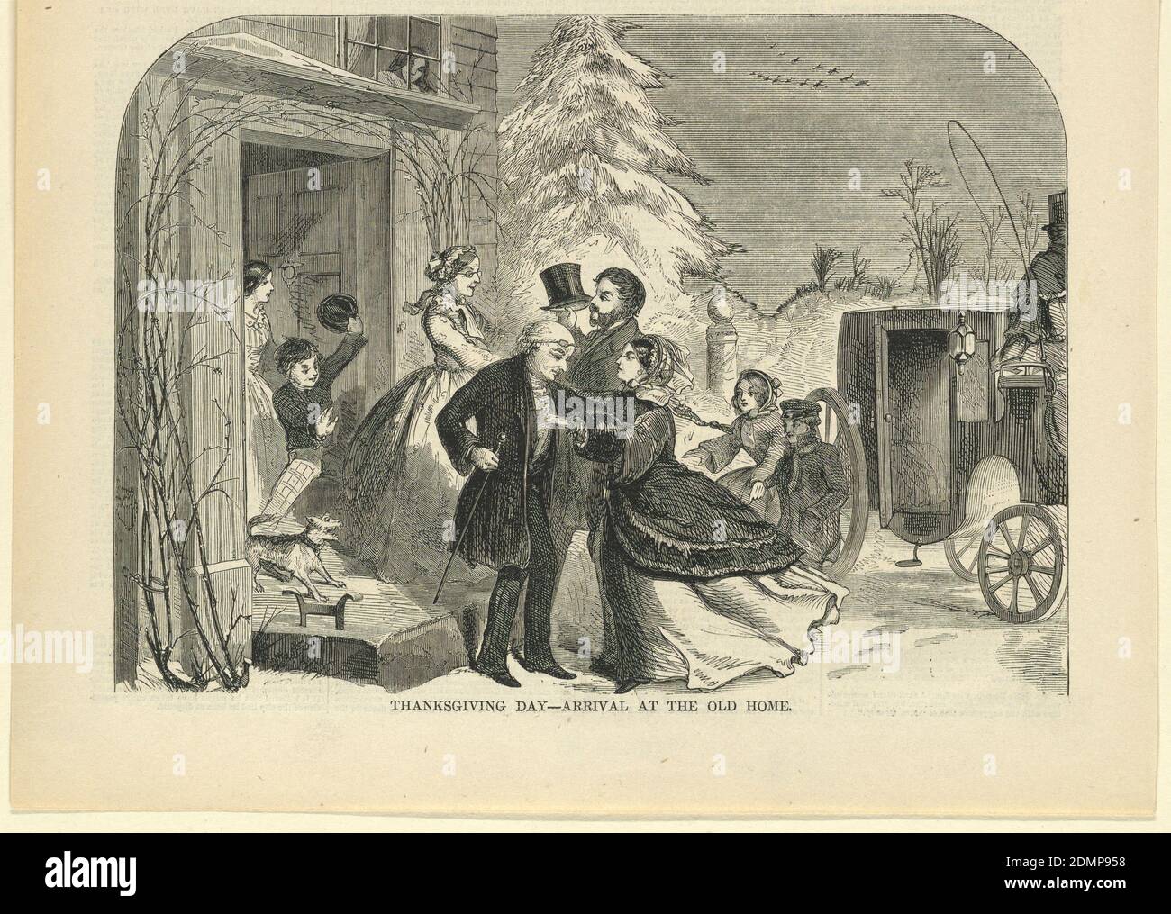 Giorno del Ringraziamento – arrivo alla Vecchia Casa, Winslow Homer, americano, 1836–1910, Harper's Weekly, incisione del legno in inchiostro nero su carta, il nonno e la nonna salutano la figlia e i nipoti alla porta. Carrozza a destra, con paesaggio innevato sullo sfondo. Parte inferiore della pagina., USA, 27 novembre 1858, cifre, Stampa Foto Stock