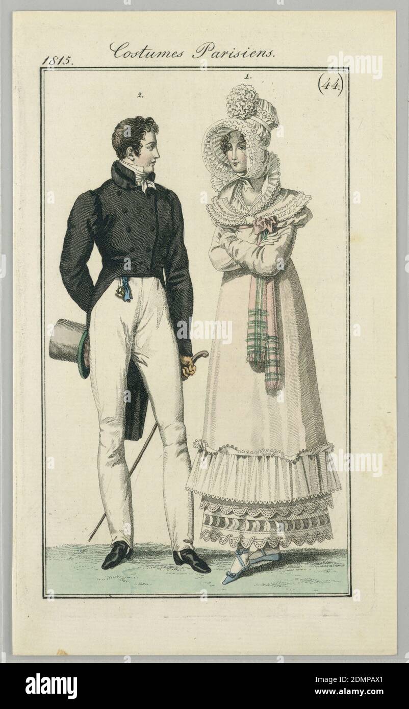 Costumi Parisiens da le Journal des Dames et des Modes, 1815, piatto 44, incisione a mano su carta defilata biancastra, abbigliamento donna e uomo 'à la angloise' da Journal des Dames et Des Modes, 1815., 1815, costume e accessori, Stampa Foto Stock
