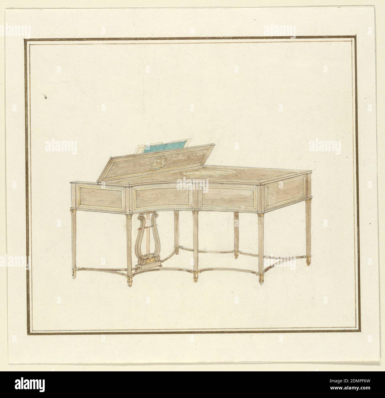 Design for a Marquetry piano Case, Durr Freedley, americano, 1888–1938, grafite e acquerello su cartoncino, vista prospettica verso il lato incurvante del pianoforte. Sette gambe sottili, rotonde e leggermente rastremate, unite da barelle incurvate: Supporto a forma di lira per pedali. Lati di case panneled., USA, novembre 1916, mobili, disegno Foto Stock