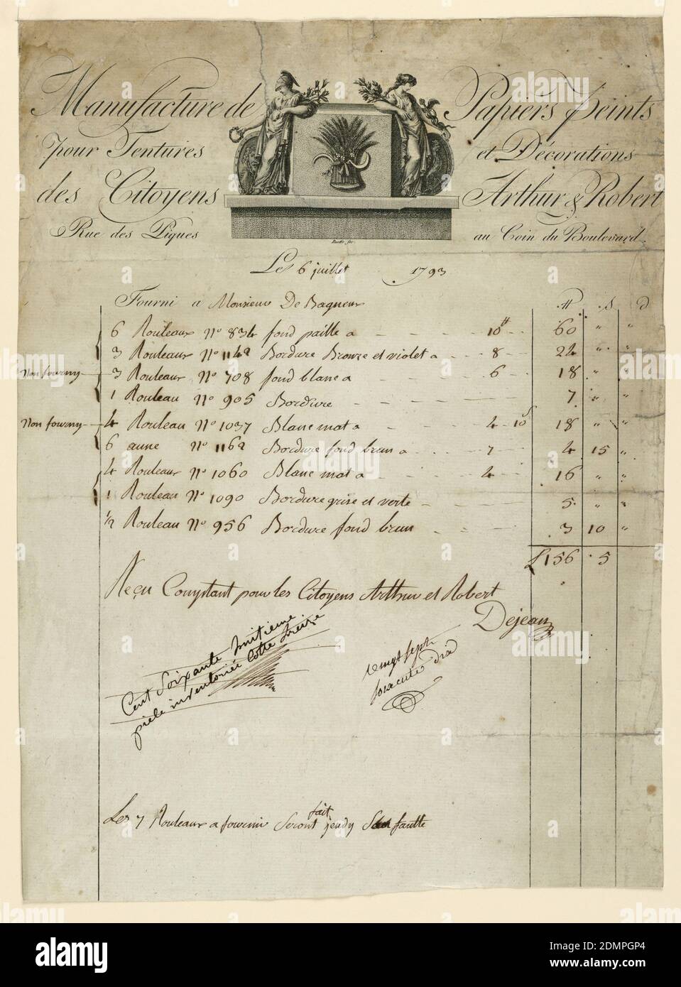 Carta da parati fattura per la ditta Arthur et Robert, Arthur & Robert, Monsieur de Bagneur, Louis-Charles Ruotte, 1754 – ca. 1806, incisione con incisione, penna e marrone, inchiostro nero supporto: Carta bianca, fattura dalla ditta di carta da parati di Arthur et Robert che elenca carta da parati consegnata a 'Monsieur de Bagneur,' 6 luglio 1793; 9 numeri di serie differenti di carta da parati sono elencati. Sotto, è scritto: 'Recu Comtant pour les Citoyens Arthur et Robert' e firmato 'Dejeail.' Allegata alla fattura sul retro è un rottame con note che si riferiscono ad un letto e altri mobili. Lettura della fattura: Manufacture de Papier peint Foto Stock