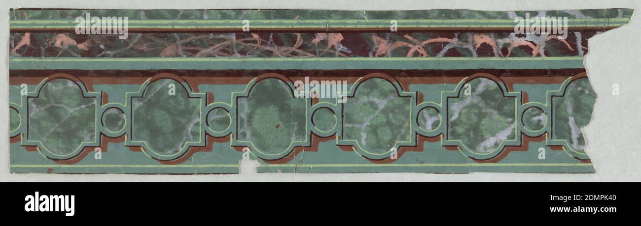 Figure a forma di cartiglio marbleizzate, stampate a blocchi, in serie collegate tra loro da cerchi. Ombreggiatura marrone. Sopra, una stretta banda marsanguizzata, salmone, rosso scuro e verde., Inghilterra, 1815–30, Wallcoverings, confine Foto Stock