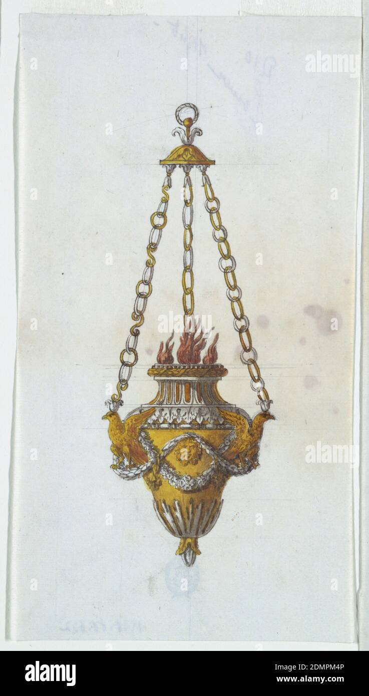 Altare lampada, Luigi Righetti, 1780 - 1819, penna e inchiostro grigio, pennello e acquerello, grafite su carta bianca, rettangolo verticale. Disegno di una lampada dell'altare appesa a tre catene, partendo dai calici sulle teste degli uccelli. Due ghirlande ondulate di foglie sono intrecciate al corpo. Gli uccelli si trovano tra le ghirlande, e una maschera è sul davanti. All'apertura della lampada bruciano tre fiamme., Roma, Italia, ca. 1825, illuminazione, disegno Foto Stock