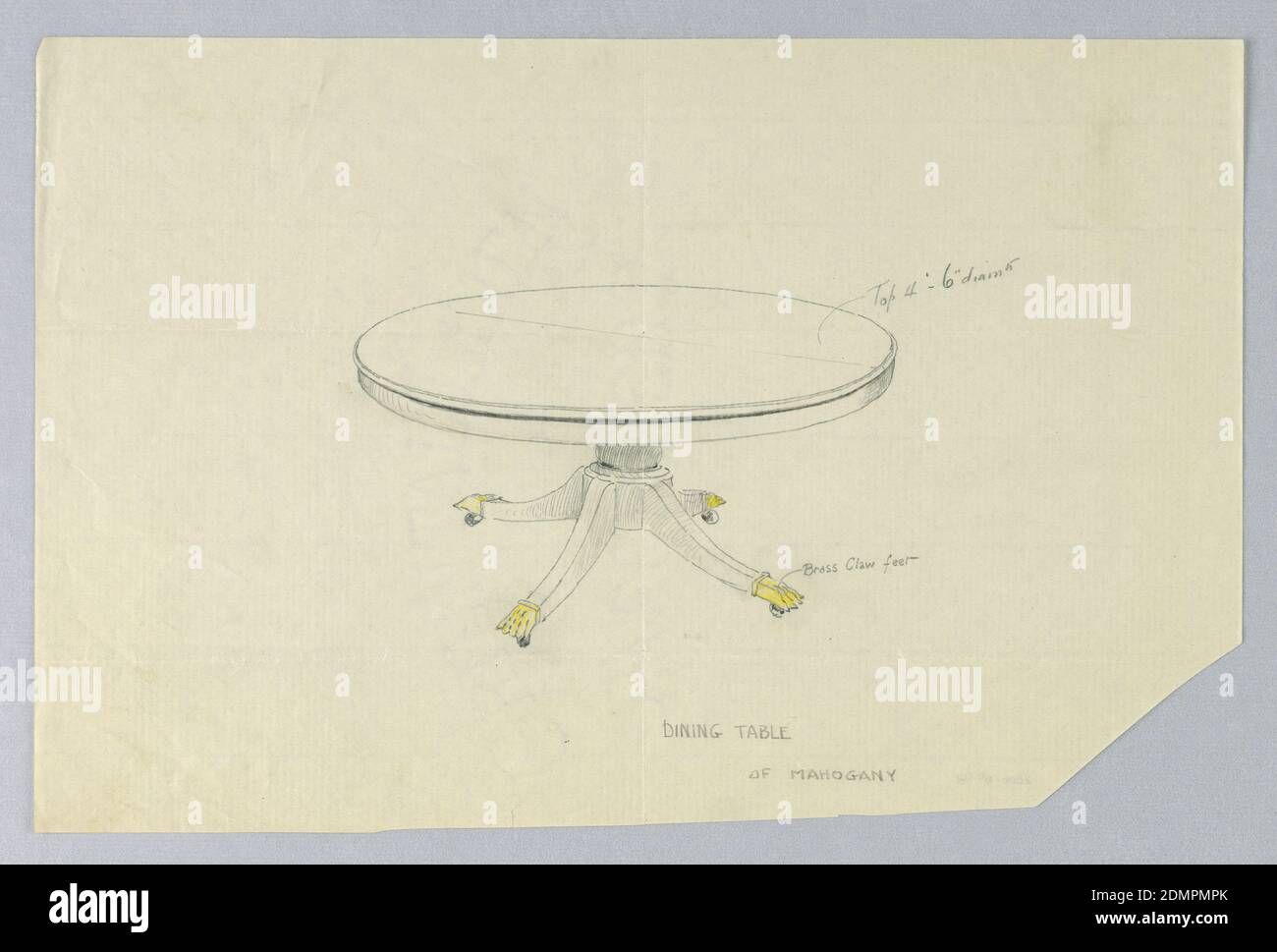 Design per tavolo da pranzo Mahogany, A.N. Davenport Co., grafite e matita di colore giallo su carta sottile, panna, tavolo rotondo sollevato su un supporto cilindrico corto seduta su base rotonda su quattro zampe divaricate che terminano in ottone zampa animale piedi su rotelle indicate in matita di colore giallo., 1900–05, mobili, disegno Foto Stock