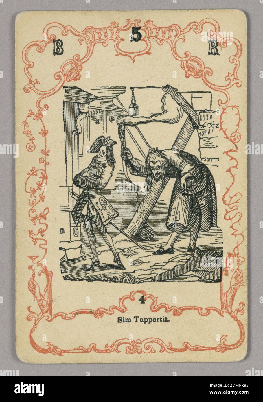 Carta da gioco, inchiostro rosso e nero, carta, sei set, numerati consecutivamente, di quattro carte ciascuno, stampati con personaggi e scene dei romanzi di Charles Dickens, ambientati in una cornice neo-rococò. Carta numerata in alto: B 5 R; sotto immagine centrale: 4., Europa, ca. 1855, carta da gioco Foto Stock