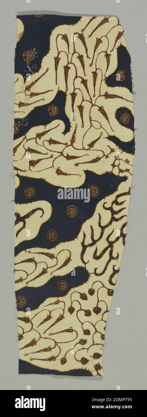 Tessile, Medio: Cotone tecnica: Tintura cerata resistente (batik) su tessitura piana, tessile con disegno convenzionale in bianco e blu. Design simile al motivo parang Baris, Indonesia, XIX secolo, tessuti stampati, tinti e dipinti, tessile Foto Stock