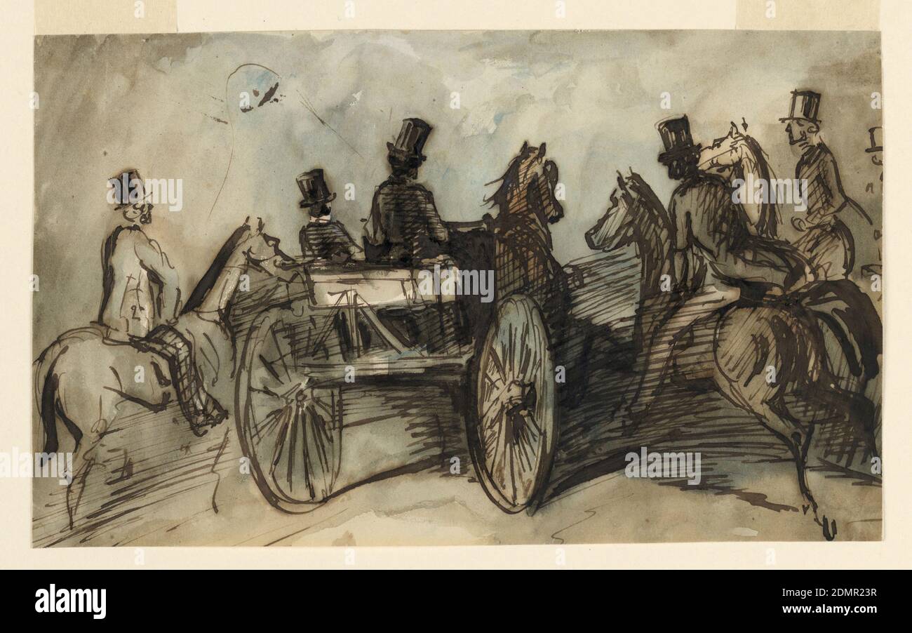 A Carriage and Three Riders, Constantin Guys, francese, 1802 – 1892, penna e inchiostro marrone, pennello e lavaggio marrone e nero, acquerello blu su carta wove, rettangolo orizzontale. Un Signore che guida un carrello di cane a due ruote con uno sposo. Un Signore a cavallo alla sua sinistra e due alla sua destra. Tutte le figure maschili che indossano cappelli di alta seta e visto in tre quarti vista posteriore., Francia, ca. 1858, figure, disegno Foto Stock