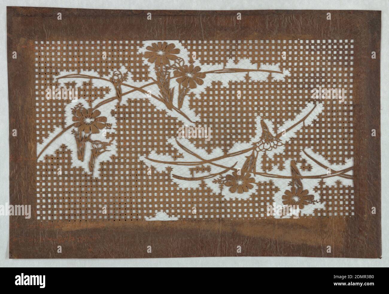 Blossoms on a grid, Mulberry paper (kozo washi) treated with fermented persimmon tannin (kakishibu), and silk threads (itoire), Breaking up the geometric lattice pattern are blossoms, stems, and leaves. Silk threads have been added to support the stencil structure., Japan, mid 18th - early 19th century, textile designs, Katagami, Katagami Foto Stock