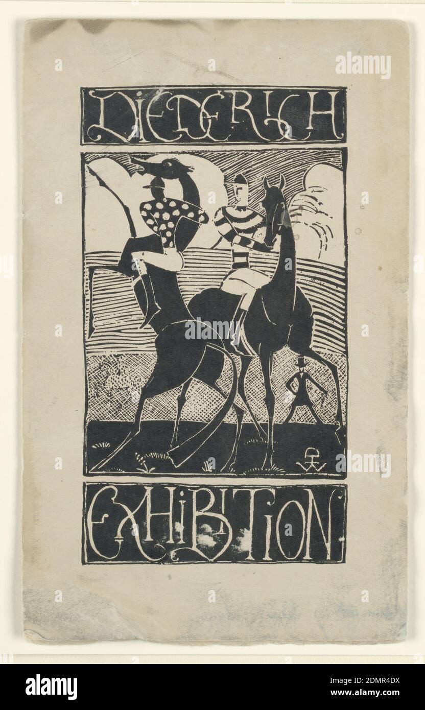 Proof for exhibition catalogue, 'jockeys', Kingore Galleries, New York, NY, William Hunt Diederich, American, b. Ungheria, 1884–1953, Stampa offset su carta in cotone wove fabriano, scena esterna con due figure di jockey che cavalcano cavalli neri, la figura a sinistra che indossa una maglia punteggiata di polka e la figura a destra che indossa le strisce. Entrambi gli uomini indossano scarpe da equitazione. Il cavallo sui bucks di sinistra, in piedi sulle sue gambe posteriori. Sullo sfondo, una figura maschile in un cappotto e cappello osserva. Bande di testo con il titolo del libro sopra e sotto., New York, NY, USA, 1920, cifre, Libro Foto Stock