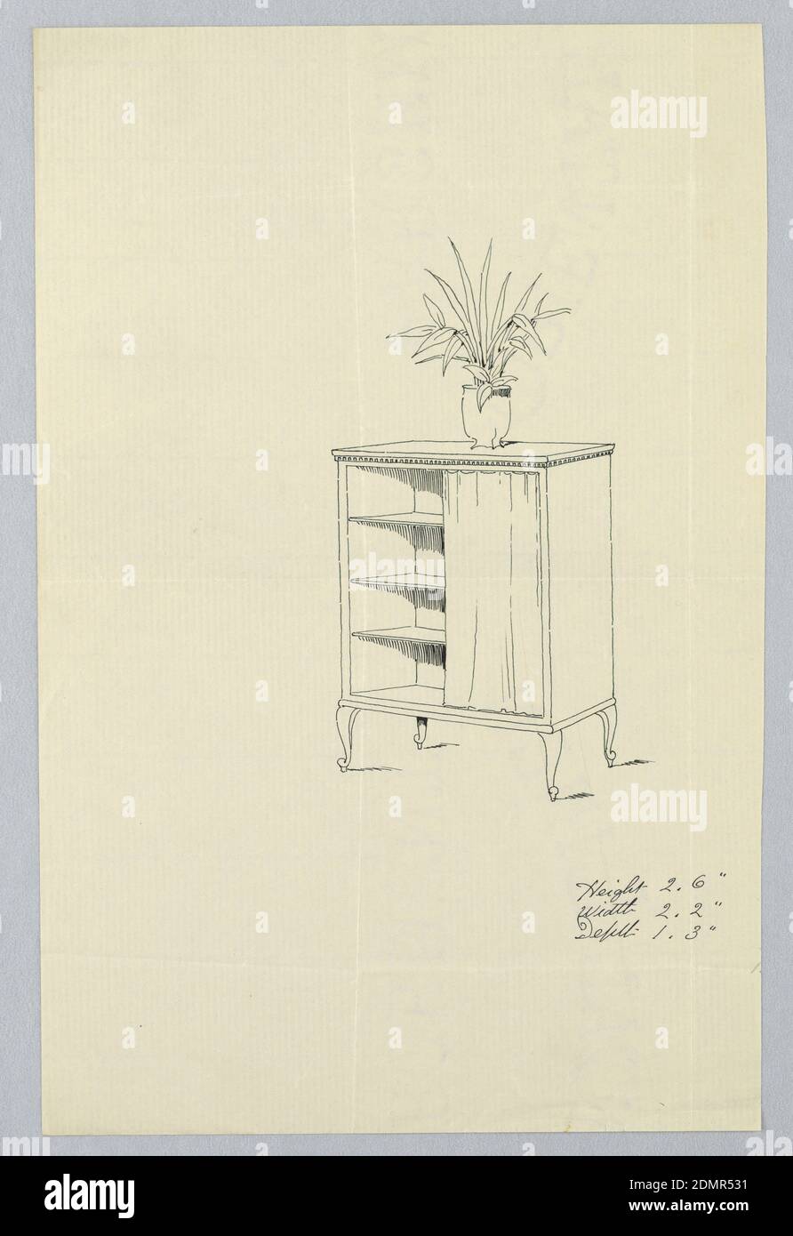Design per armadio a quattro gambe con una cortina, A.N. Davenport Co., penna e inchiostro nero su carta crema sottile, armadio rettangolare con parte superiore stampata e parte anteriore aperta, rialzato su 4 gambe a spirale; tre ripiani interni, parzialmente nascosti dietro la tenda a destra; armadio in pianta in vaso., 1900–05, mobili, disegno Foto Stock