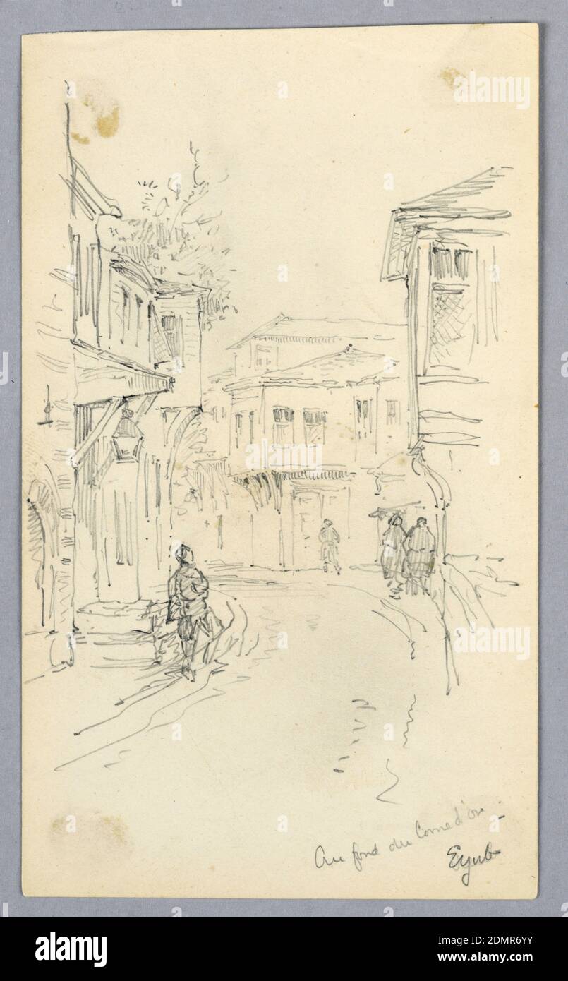 Street Scene, Arnold William Brunner, americano, 1857–1925, grafite su carta, strada stretta, curve a sinistra. Case e figure che camminano sul marciapiede., USA, ca. 1881, architettura, disegno Foto Stock