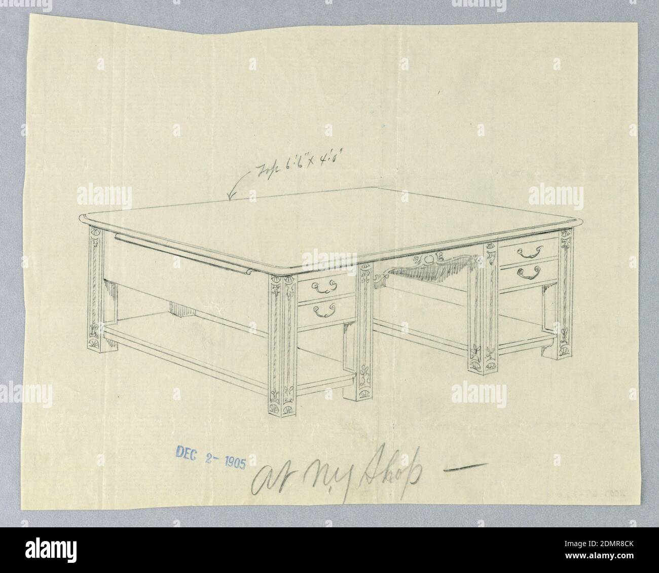 Design per Massive Library Table con due ripiani Stretcher, A.N. Davenport Co., inchiostro di grafite e blu su carta crema sottile, 1900–05, mobili, disegno Foto Stock