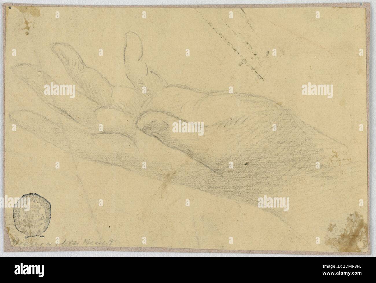 Studio: Mano sinistra, matita su carta marrone, composizione orizzontale di una mano sinistra estesa che riceve qualcosa., Italia, 1750–1800, figure, disegno Foto Stock