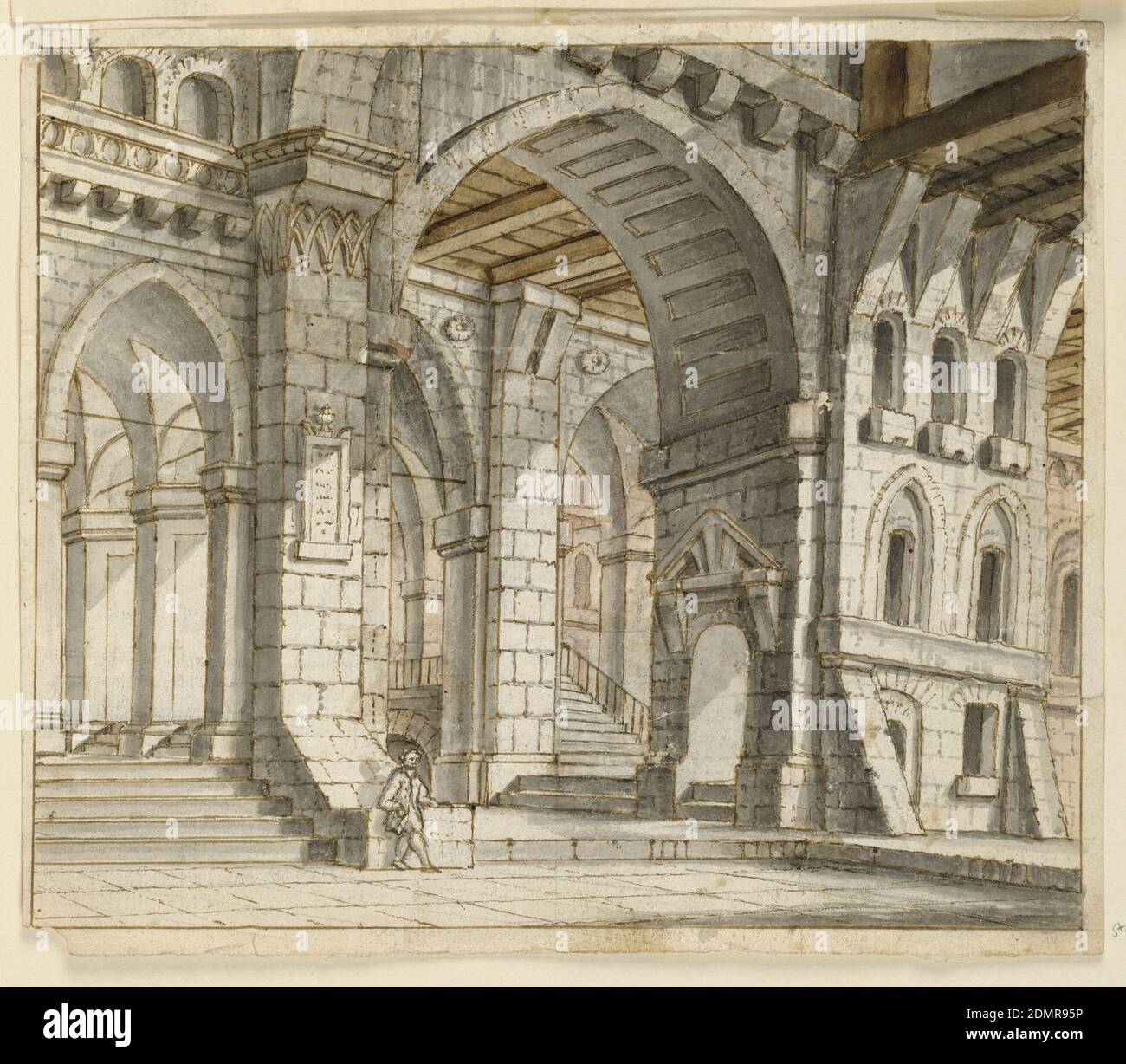 Stage Design, Palace Interior, penna e inchiostro marrone, pennello e inchiostro grigio lavano su carta, rettangolo orizzontale. Vista su sale con scale in palazzo gotico. Figura maschile si trova nel centro., Italia, fine XVIII secolo, teatro, disegno Foto Stock