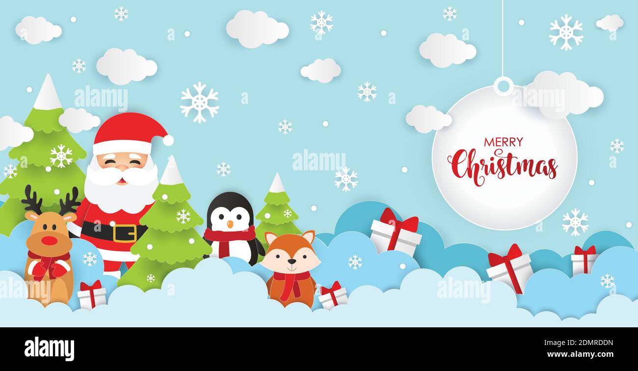 Illustrazione vettoriale di Natale di sfondo. Babbo Natale, renna, pinguino e Fox Vector. Winter Wonder Land background. Illustrazione Vettoriale
