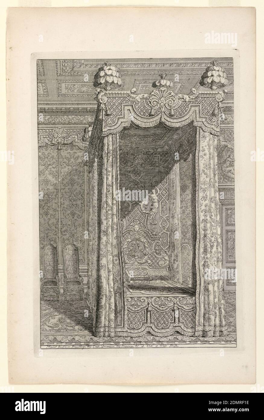 Design for state Bedchamber, in Second Livre d'Appartement (secondo libro sugli interni), Daniel Marot, francese, attivo nei Paesi Bassi e in Inghilterra, 1661–1752, incisione e incisione su carta bianca, Design per un bedchamber con disegno di allover di rinceaux e linee curve e intagli., Paesi Bassi, ca. 1700, architettura, Stampa Foto Stock