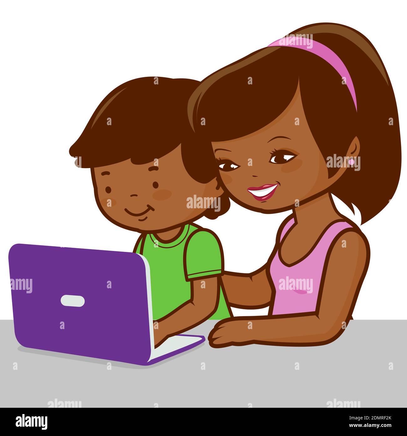 Una madre e un bambino seduti sulla scrivania di fronte al computer. Genitore o insegnante aiuta il ragazzo studente a casa con i compiti per la scuola. Foto Stock