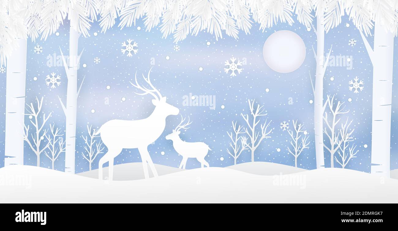 Illustrazione del vettore del banner natalizio. Sfondo blu delle nevicate. Buon vettore di Natale. Banner paesaggio invernale con neve. Paese delle meraviglie invernali. Illustrazione Vettoriale