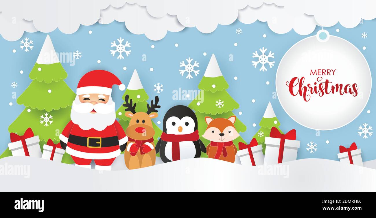 Illustrazione vettoriale di Natale di sfondo. Babbo Natale, renna, pinguino e Fox Vector. Winter Wonder Land background. Illustrazione Vettoriale